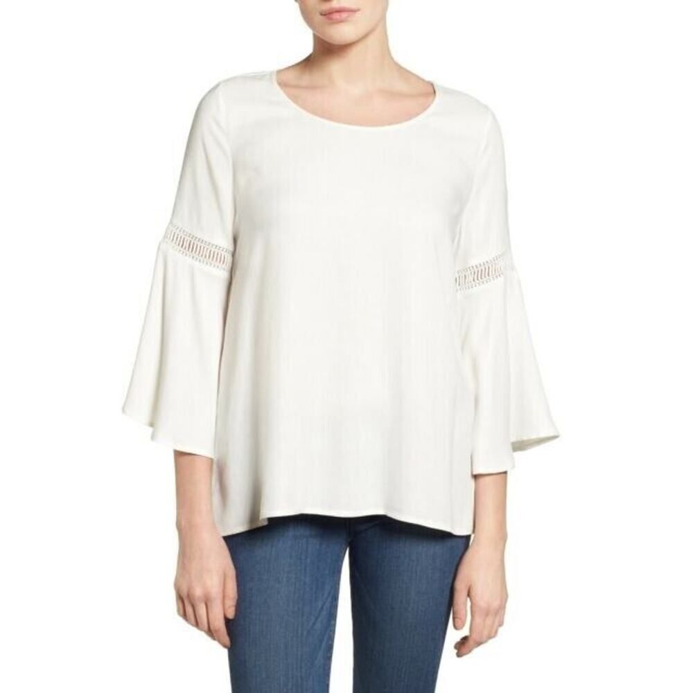 Pleione Lace Inset Bell Sleeve Blouse White Designer Nordstrom Top Boho Casual S